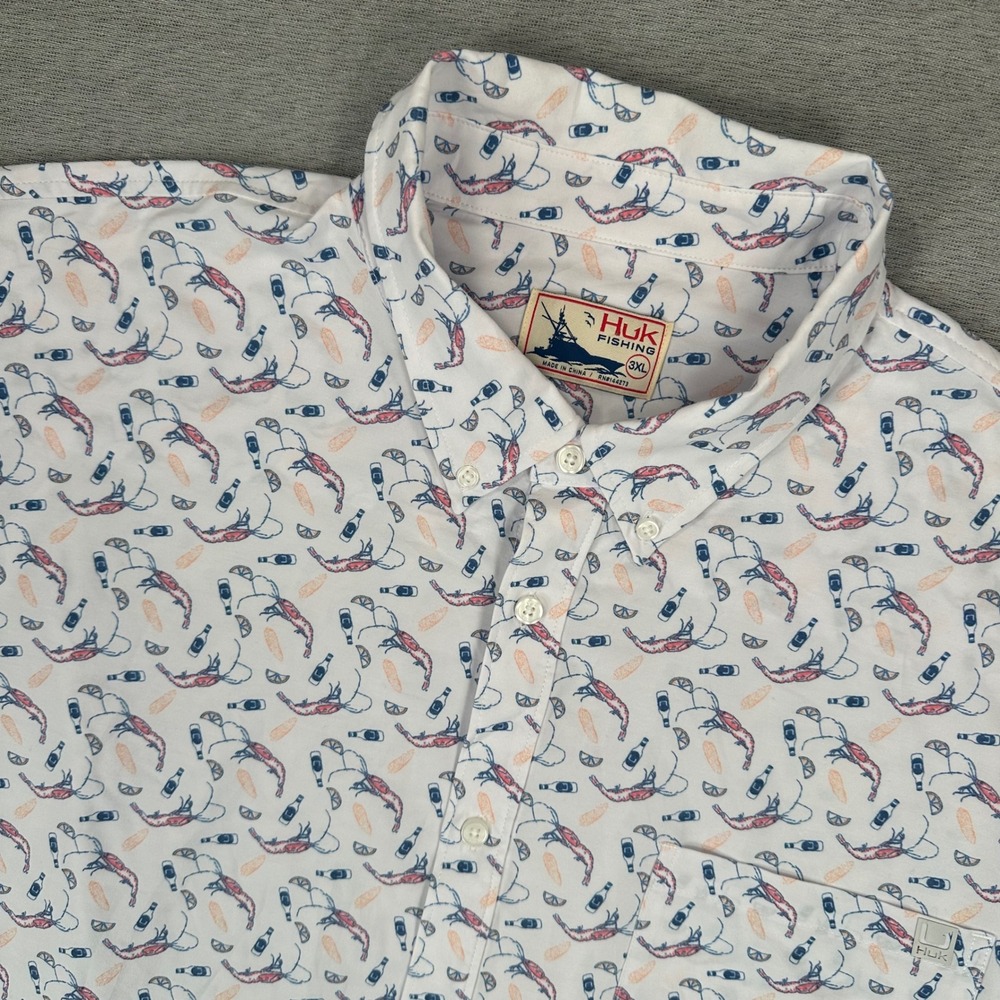 Huk Fishing Shirt Mens 3XL Shrimp Boil AOP Button Down Short Sleeve Outdoors